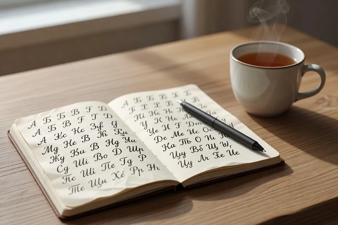 Cahier d'exercices d'alphabet cyrillique sur un bureau