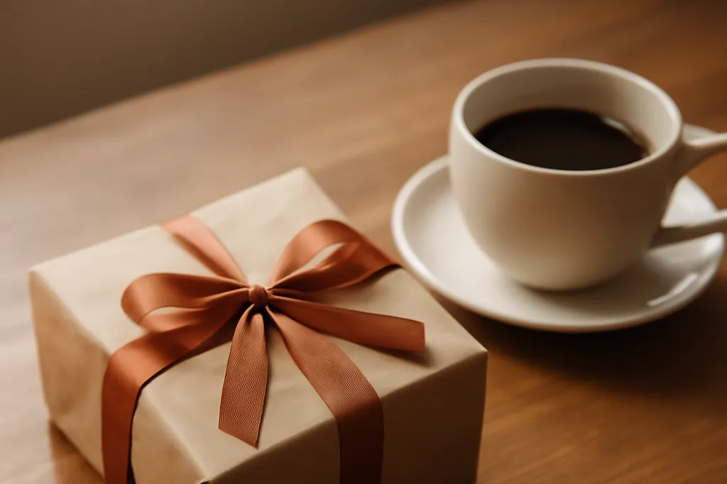 Petit cadeau emballé posé sur une table à côté d'un café