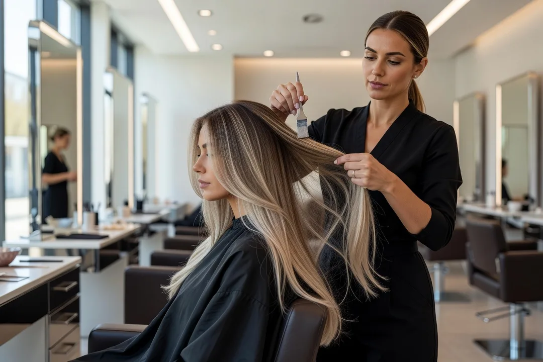 Coloration moderne balayage cendré sur cheveux longs et brillants