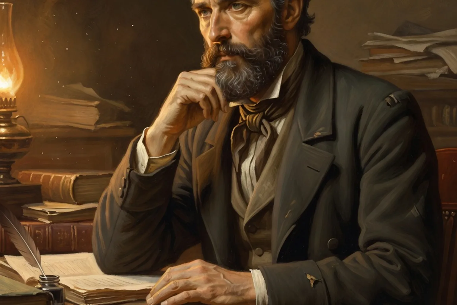 Vieux livres reliés en cuir et plume d'écriture sur un bureau en bois évoquant les grands auteurs russes du XIXe siècle