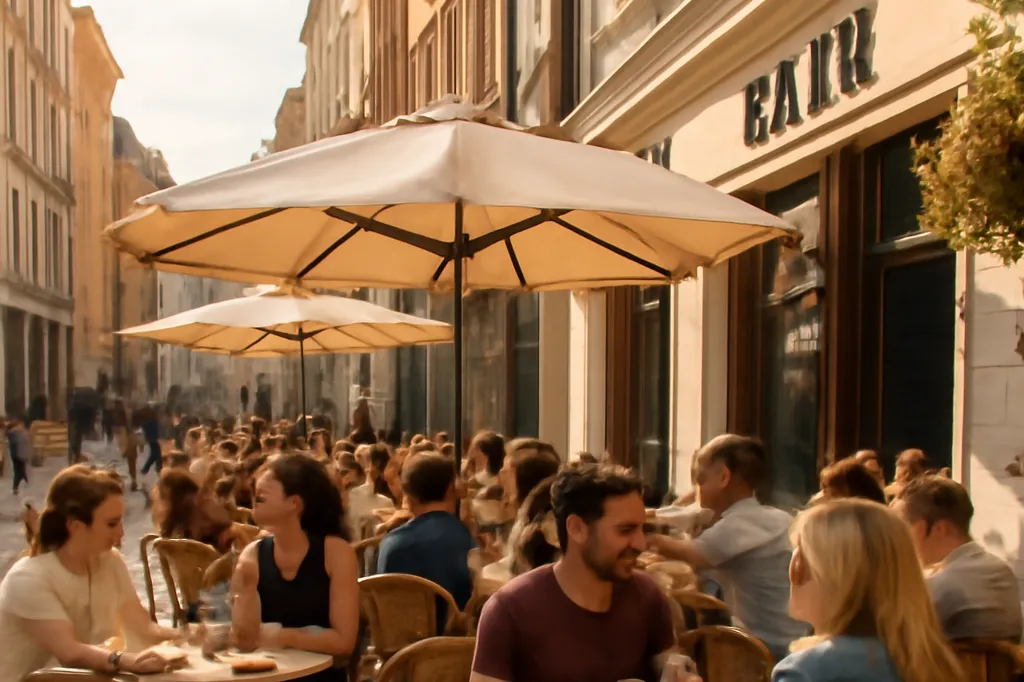 Terrasse de café animée dans une ville d'Europe centrale en journée