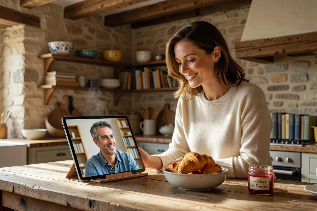 Femme souriante lors d'un appel vidéo dans une cuisine lumineuse
