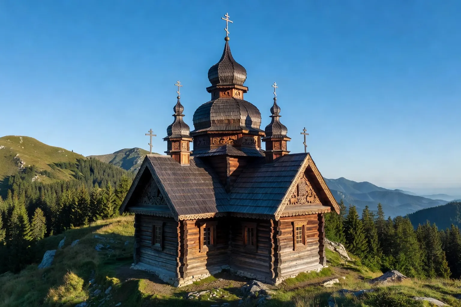 Église en bois traditionnelle des Carpates avec toiture pyramidale, patrimoine UNESCO
