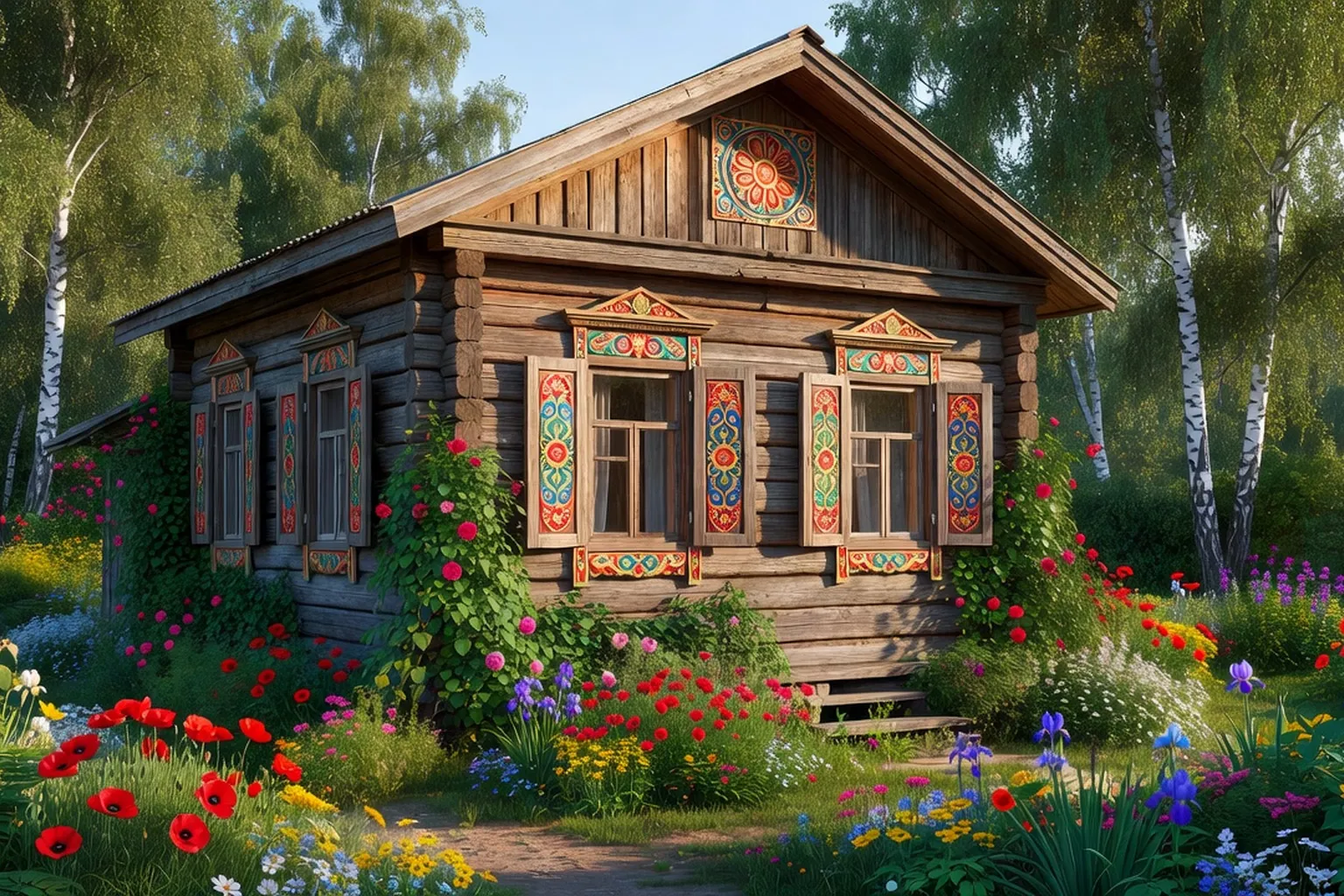Encadrement de fenêtre sculpté nalichniki sur une izba russe traditionnelle