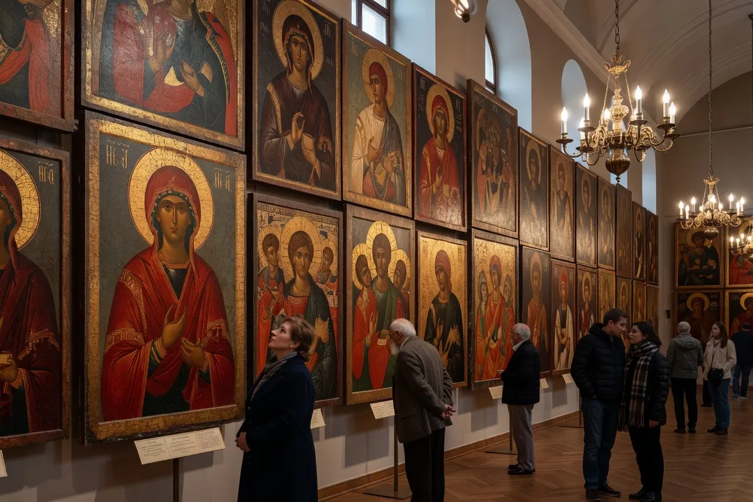 Galerie de musée d'art russe ancien, visiteurs contemplant peintures médiévales russes