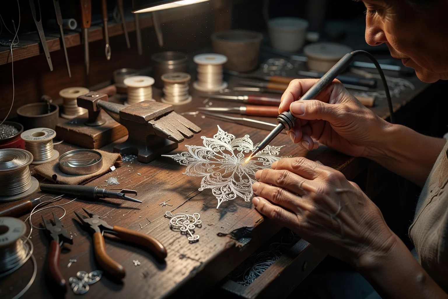 Détail de broche en filigrane serbe avec motifs géométriques et perles millefiori