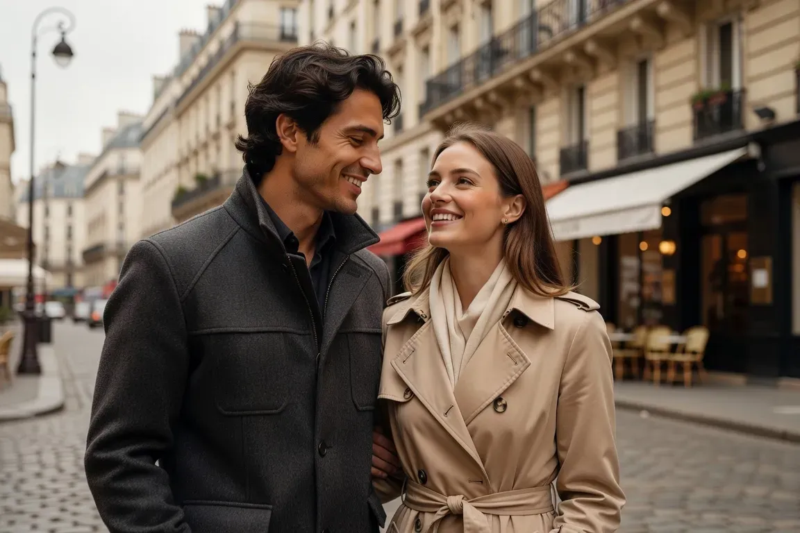 Couple franco-slave dans un cadre parisien, ambiance romantique naturelle
