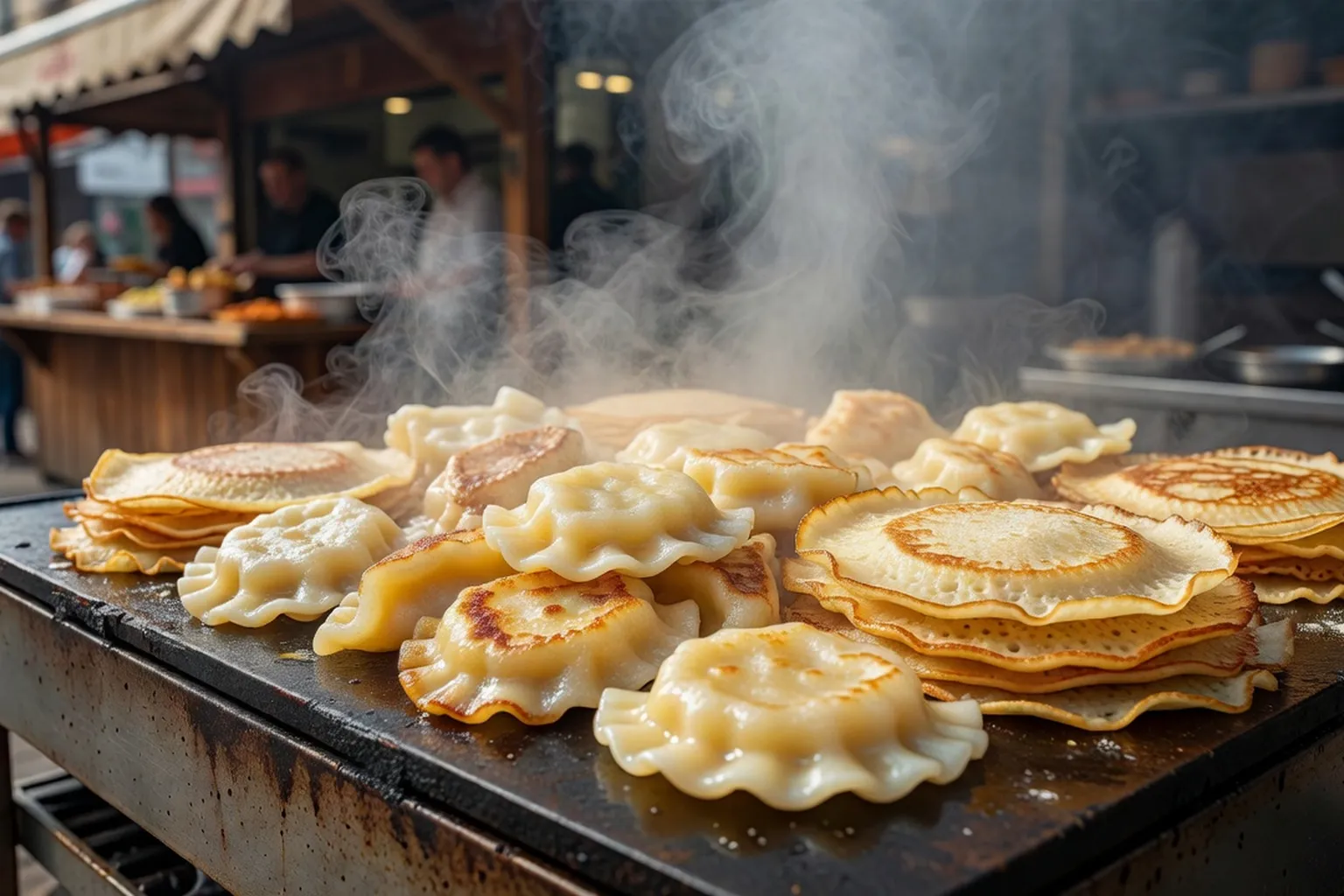 Stand de rue polonais vendant des pierogi et des obwarzanek sur un marché de Cracovie