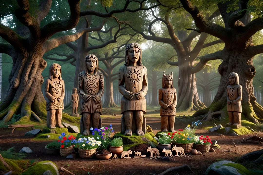 Idoles en bois slaves, symboles du paganisme slave ancien dans une clairière forestière