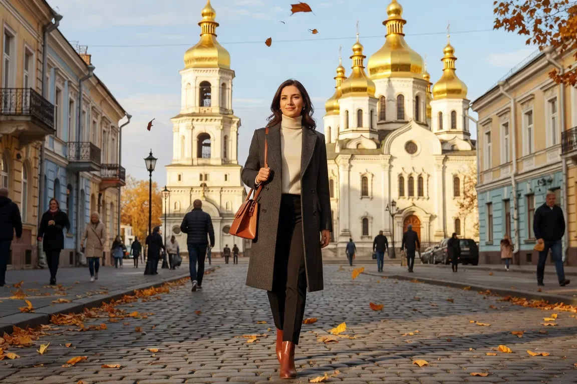 Femme ukrainienne dans un cadre urbain de Kiev avec architecture historique en arrière-plan