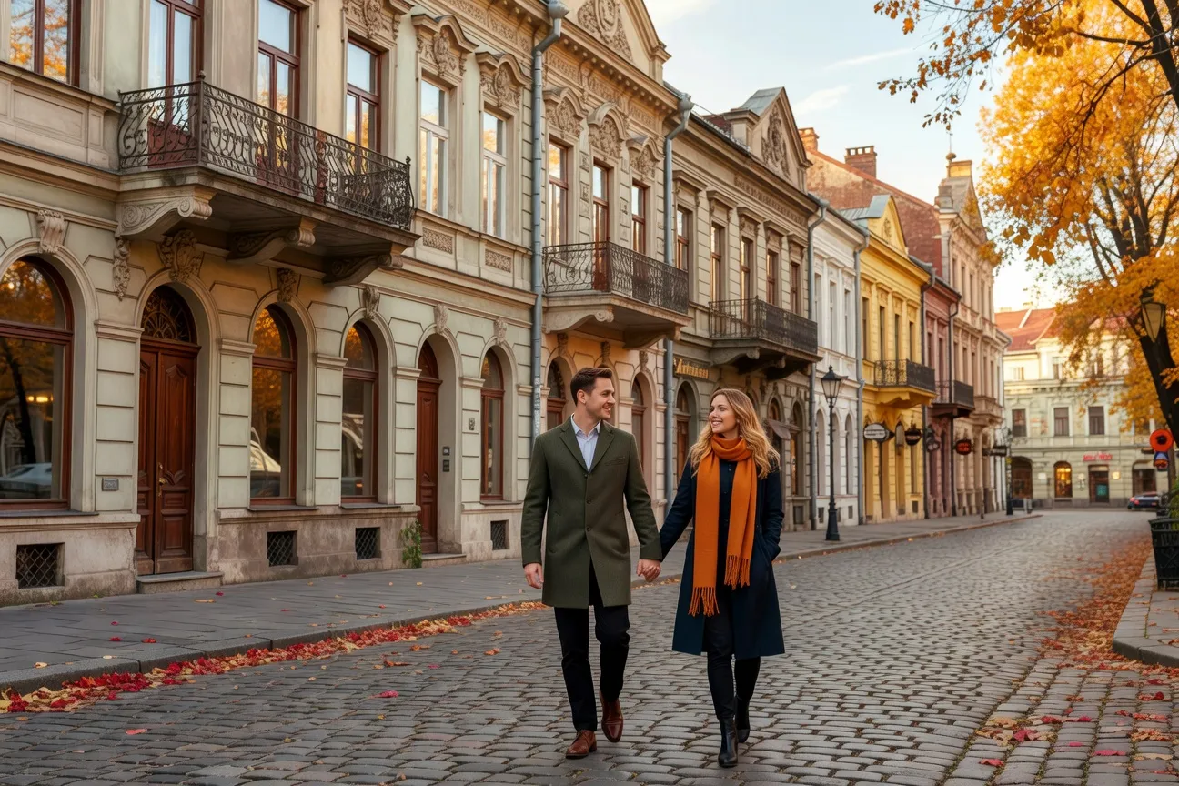 Couple franco-slave en voyage à Cracovie, déambulant sur la place du marché historique avec architecture polonaise traditionnelle en arrière-plan
