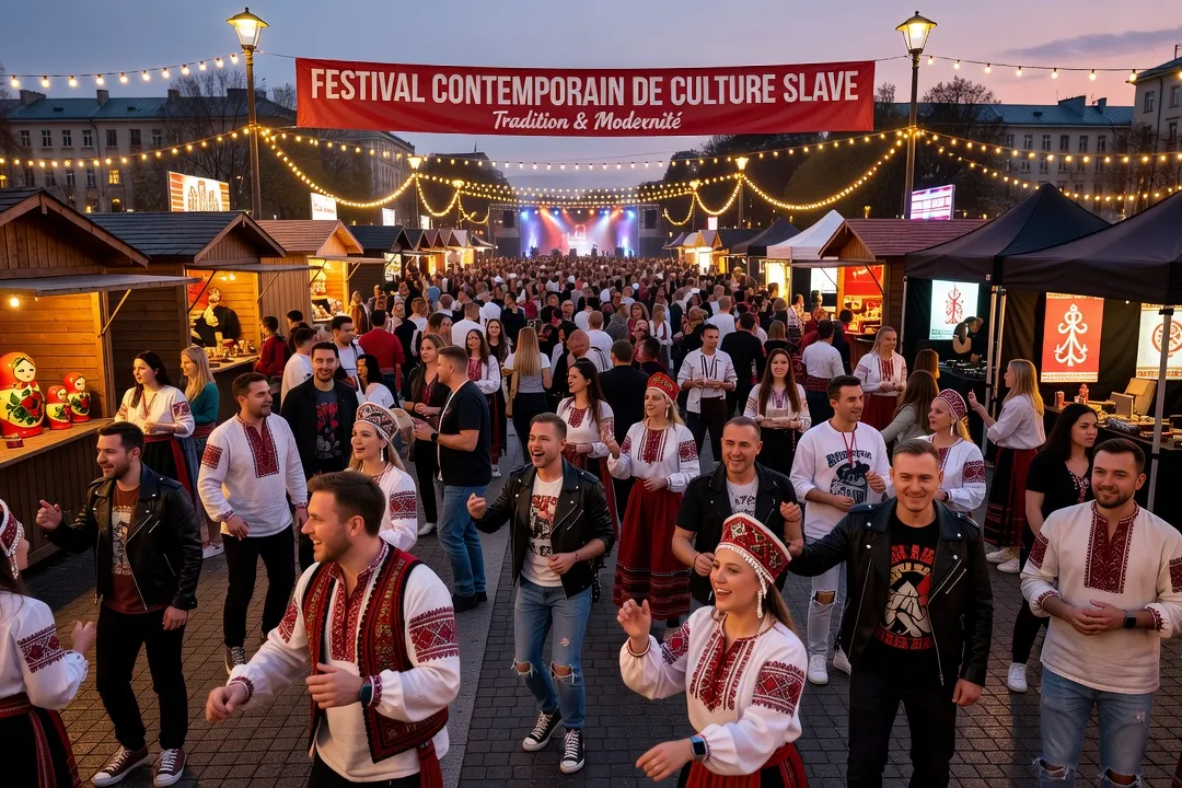 Festival de culture slave contemporain, foule animée et costumes traditionnels