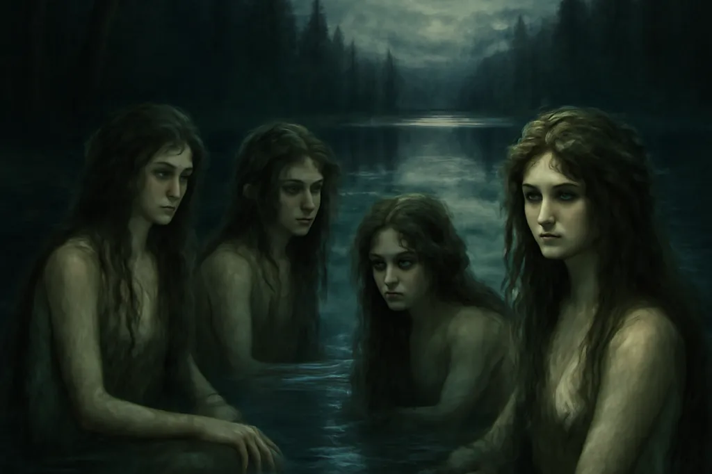 Roussalki sirènes slaves dans un lac forestier sous la lune, folklore slave mystérieux