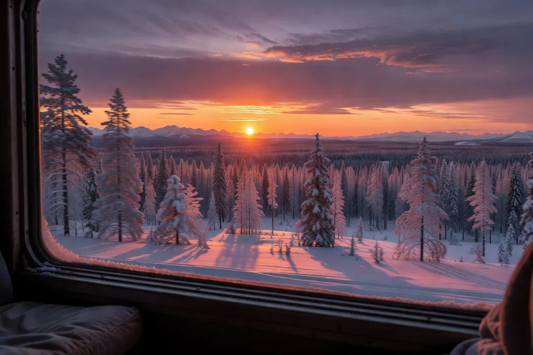 Coucher de soleil sur la taïga sibérienne depuis un wagon du Transsibérien, paysage poétique