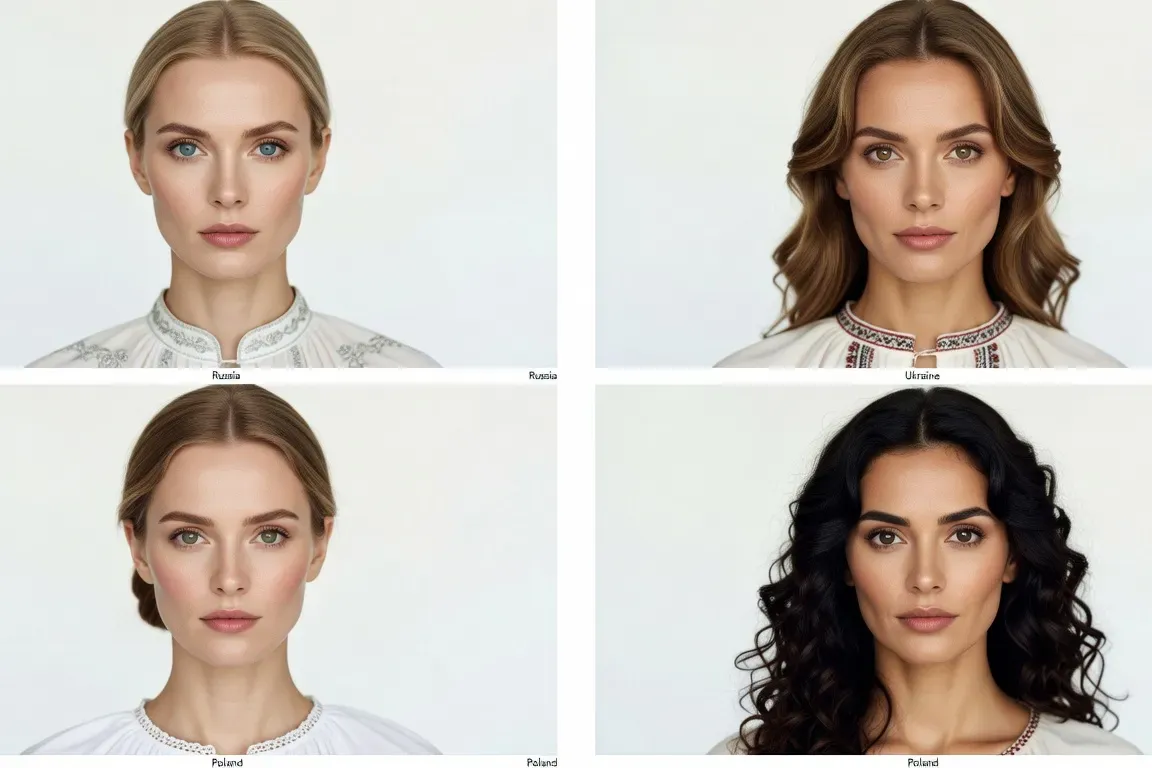 Quatre visages slaves de régions différentes : Russie, Ukraine, Pologne, Serbie