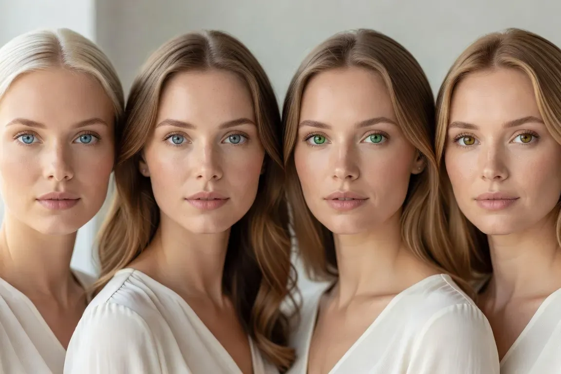 Palette des couleurs d'yeux observées chez les femmes slaves : bleu, gris, vert et noisette