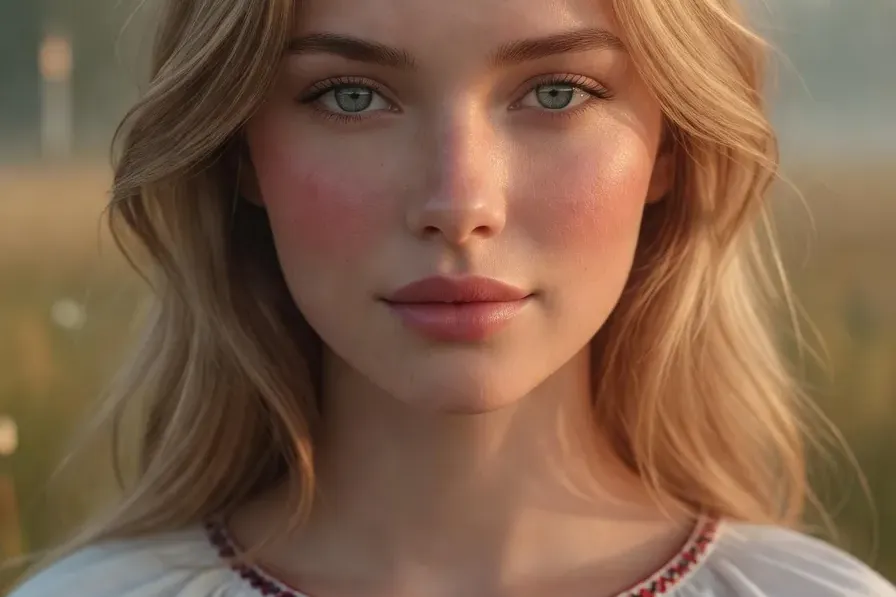 Portrait d'une femme slave aux yeux gris-bleus typiques d'Europe orientale