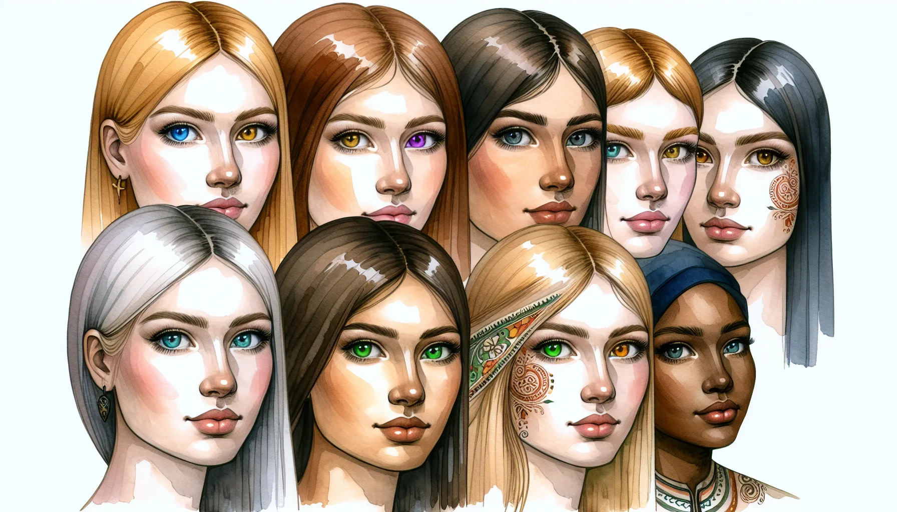 Illustration montrant la diversité des visages féminins slaves : différentes couleurs de cheveux, d'yeux et structures faciales
